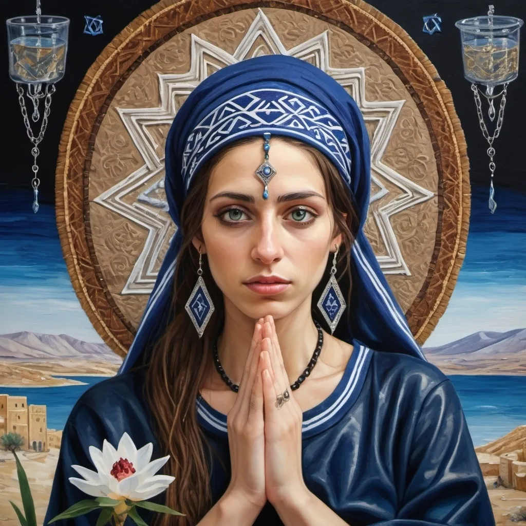 Prompt: elaborate painting embroided dark blue modest fringed spiritual jewelry fringes white with jewish symbols on jewish woman meditating fringes bandana, eyes torah ark covering, smoke and steam coming from pottery ,meditation, , elaborate, eyes, jewish, crystals growing, detailed, incense embroided, black jewish stripes and fringes and on women fringes, big columns, brown leather , in Jerusalem and dead sea, detailed holy valves,, hebrew crystals, fountain jewish symbols, ancient civilization, jewelry, shield and sword, jewish art, fringes, flowers, cultic, rituals, dead sea view, mikve, fountain, visual illusions, spring pool, sunny day, menorah, illusion, smoke, hypnotic, gemstones, sculpture, biblical immersion pool, crystals, female warrior, praying jews, pomegranate tree, mystery, next to the dead sea, landscape view,, in the style of a impressionist pissaro painting, in the style of a van gogh
