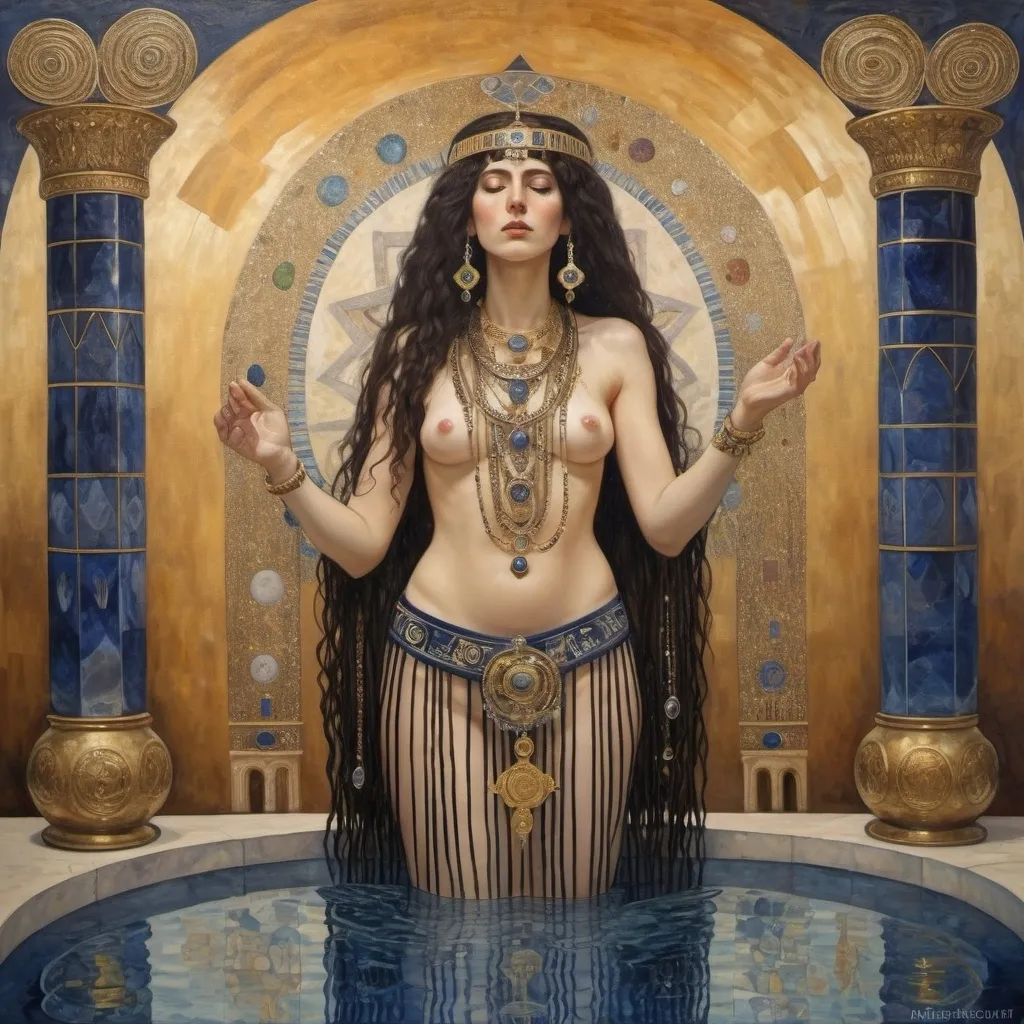 Prompt: elaborate abstract gustav klimt jugend painting, embroided dark blue fringed spiritual jewelry fringes white with jewish symbols on brown skinned mizrahi jewish woman flying, magic fringes bandana, leather sandals, golden foot link, eyes torah ark covering, fringed striped skirt, smoke and steam coming from pottery ,alchemist, , elaborate, eyes, jewish, crystals growing, detailed, standing on in jerusalem hill, incense embroided, black jewish stripes and fringes and on women fringes, big columns, in Jerusalem and dead sea, detailed holy valves, hebrew crystals, fountain jewish symbols, black hair olive skin, ancient civilization, jewelry, menorah, jewish art, fringes, flowers, cultic, rituals, dead sea view, mikve, fountain, visual illusions, spring pool, sunset, menorah, illusion, jewish stars, smoke, hypnotic, gemstones, sculpture, biblical immersion pool, crystals, female warrior, praying jews, pomegranate tree, mystery, next to the dead sea, landscape view,, in the style of a gustav klimt painting, in the style of gustav klimt vienna secession painting
