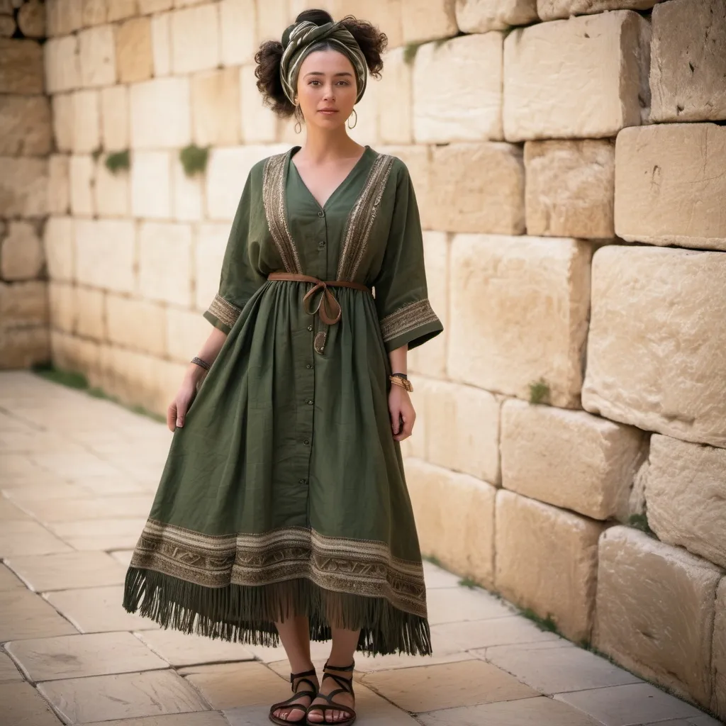 Prompt: elaborate embroided faded dark green modest dress with jewish symbols, torah ark covering, olive skin women with headwrap shawl and dark curly hair, dress has jewish stripes and fringes, leather sandals, women is in jerusalem western wall
