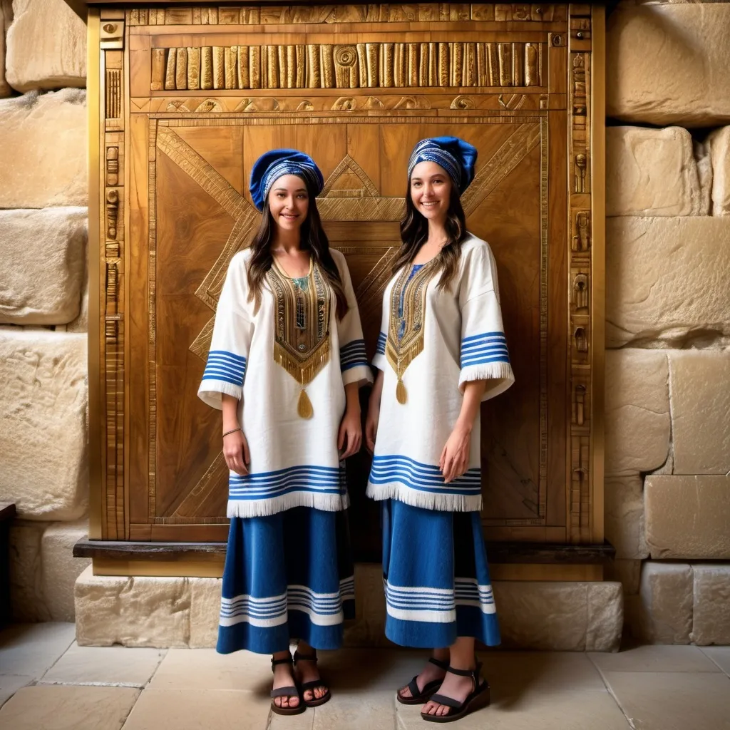 Prompt: elaborate embroided dark modest fringed two set clothing with jewish symbols, torah ark covering, olive skin women with headwrap and dark hair, clothes with blue jewish stripes and fringes, leather sandals, women is in jerusalem western wall holy valves dark wood gold,  ancient civilization, art, fringes
