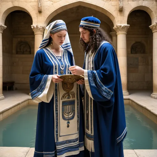 Prompt: elaborate embroided dark blue modest fringed dusty white dress with jewish symbols, torah ark covering, olive skin unhappy jewish couple with headwrap, kippa,  and dark curly hair, jewish sidelocks, clothes with blue jewish stripes and fringes and black leather bands, brown leather sandals, couple is in jerusalem detailed holy valves dark wood gold fountain jewish symbols menorah,  ancient civilization, jewish art, fringes, holding menorah in hands, cultic, rituals, holding a papyrus scroll, mikve, fountain, spring pool, biblical immersion pool 
