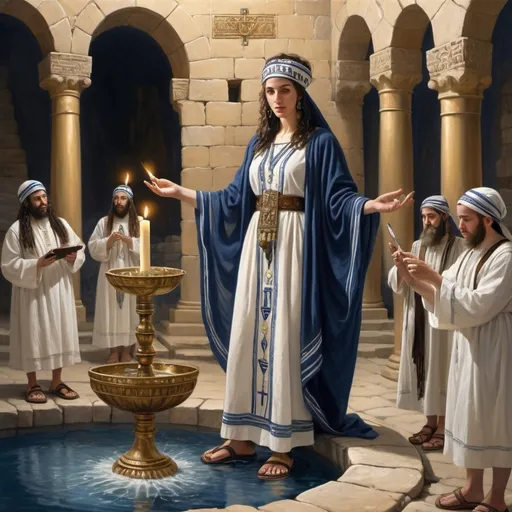 Prompt: elaborate embroided dark blue modest fringed dusty white dress with jewish symbols, torah ark covering, olive skin unhappy jewish lesbian women with headwrap, kippa, and dark curly hair, jewish sidelocks, clothes with blue jewish stripes and fringes and black leather bands, brown leather sandals,  lesbian women are in waterfall detailed holy valves dark wood gold fountain jewish symbols menorah, ancient civilization, jewish art, fringes, holding 7 armed candle menorah in left hand and bronze knife in right hand, cultic, rituals, holding one another, mikve, fountain, spring pool, gemstones, biblical immersion pool, baptism in pool, in the style of a 19th century european realist painting
 
