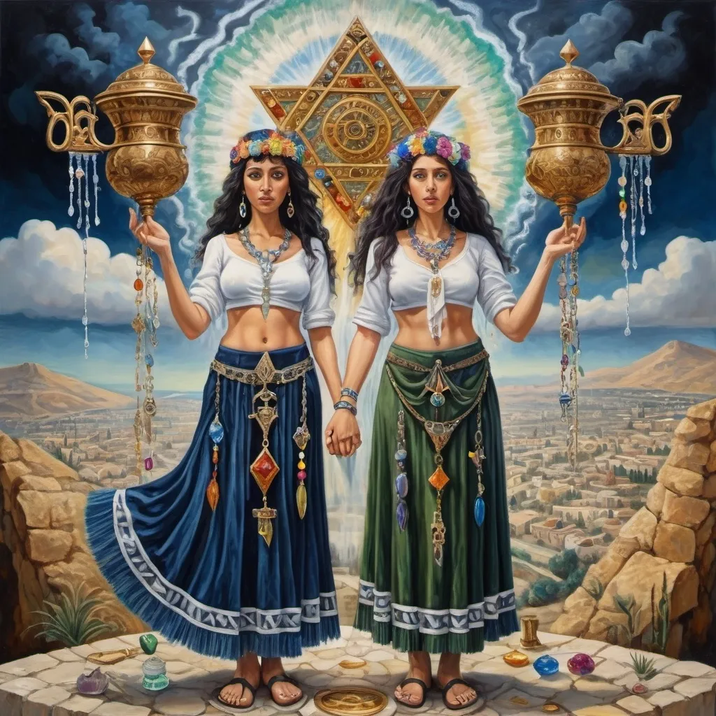 Prompt: elaborate surealism painting, embroided dark blue fringed spiritual jewelry fringes white with jewish symbols on two brown skinned mizrahi jewish women flying holding hands, magic fringes bandana, colorfull flowers and leaves floating in the green sky, rainy day, leather sandals, swords and bow and arrow with eyes, golden foot link, eyes torah ark covering, fringed striped skirt, smoke and steam coming from pottery ,alchemist, , gloating crown, elaborate, eyes, jewish, two women floating in space, crystals growing, detailed, standing on in jerusalem hill, incense embroided, black jewish clothing stripes and fringes and on 2 women, fringes, prayer shawl, in Jerusalem and dead sea, detailed holy valves, hebrew crystals, fountain jewish symbols, black hair olive skin, ancient civilization, jewelry, levitating, menorah, 2 women supporting eachother femenism, glitter, shining art, jewish art, fringes, flowers, cultic, rituals, dead sea view, visual illusions, spring pool, rain, menorah, illusion, jewish stars, smoke, hypnotic, gemstones, sculpture, biblical, clouds, crystals, warrior, praying jews, ancient mound, mystery, next to the dead sea, landscape view,, in the style of a surealist painting, in the style of klimt painting
