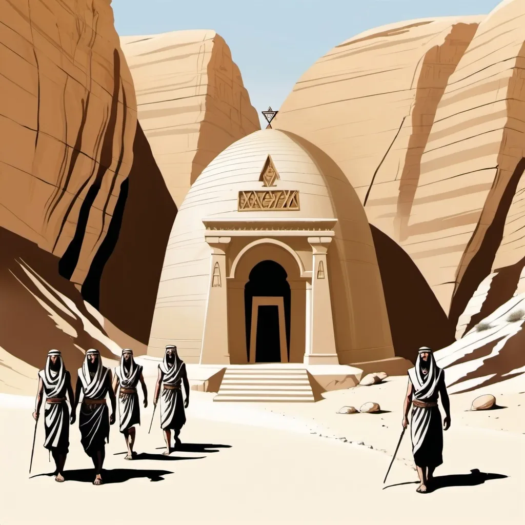 Prompt: maktesh negev desert , 3 jewish olive skinned  men and women warriors in traditonal jewish striped biblical warrior clothing, and large jewish tomb in the middle of canyon, tomb with tall conical roof,  tomb of absalon in canyon, illustration