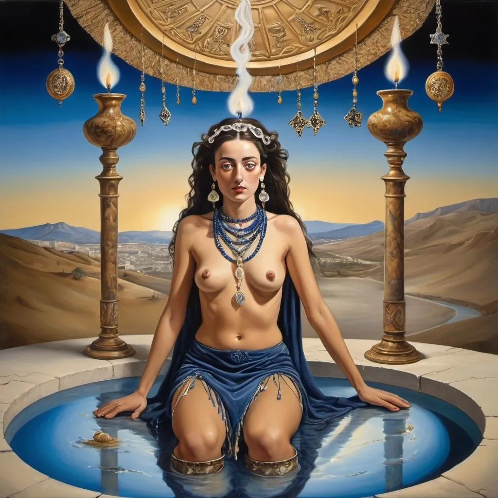 Prompt: elaborate salvador dali painting, embroided dark blue fringed spiritual jewelry fringes white with jewish symbols on brown skinned mizrahi jewish woman flying, magic fringes bandana, sunset, leather sandals, golden foot link, eyes torah ark covering, fringed striped skirt, smoke and steam coming from pottery ,alchemist, , elaborate, eyes, jewish, women floating in space, crystals growing, detailed, standing on in jerusalem hill, incense embroided, black jewish stripes and fringes and on women fringes, in Jerusalem and dead sea, detailed holy valves, hebrew crystals, fountain jewish symbols, black hair olive skin, ancient civilization, jewelry, levitating, menorah, jewish art, fringes, flowers, cultic, rituals, dead sea view, mikve, fountain, visual illusions, spring pool, sunset, menorah, illusion, jewish stars, smoke, hypnotic, gemstones, sculpture, biblical immersion pool, clouds, crystals, female warrior, praying jews, pomegranate tree, mystery, next to the dead sea, landscape view,, in the style of a Dali painting, in the style of Dali painting
