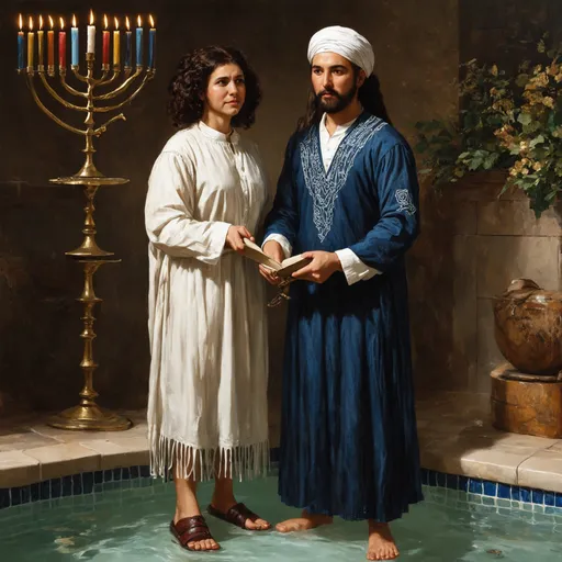 Prompt: elaborate embroided dark blue modest fringed dusty white dress with jewish symbols, torah ark covering, olive skin unhappy jewish couple with headwrap, kippa, and dark curly hair, jewish sidelocks, clothes with blue jewish stripes and fringes and black leather bands, brown leather sandals, man and woman is in jerusalem detailed holy valves dark wood gold fountain jewish symbols menorah, ancient civilization, jewish art, fringes, holding 7 armed candle menorah in left hand and bronze knife in right hand, cultic, rituals, holding a papyrus scroll, mikve, fountain, spring pool, gemstones, biblical immersion pool, baptism in pool, in the style of a 19th century european realist painting
