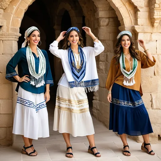 Prompt: 3 olive skin jewish women in trendy casual elaborate embroided modest shirt dancing with dark blue jewish symbols white fringes, fringes, torah ark covering, the 3 olive skin women have blue bandanas, skirt has jewish stripes prayer shawl and fringes, gold jewelry, nose piercings, standing on a biblical ruin, dancing, leather sandals, fringes tzitzit, brown, green, gold, elaborate, beige, dancing,