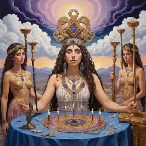 Prompt: in the style of a klim painting, elaborate surealism bronze klimt painting, embroided dark blue fringed spiritual jewelry fringes white with jewish symbols on two brown skinned mizrahi jewish women curly her, the women are flying working, magic fringes jewish symbols scrolls, knives and spears floating in the purple sunset sky, rainy day, leather sandals, swords and bow and arrow with eyes, golden foot link, geologic wild growing crystals, eyes torah ark covering, fringed striped skirt, smoke and steam coming from sculpture,alchemist, floating crown, holding ram horns, painting, sky is pink elaborate, davids slung, lapiz lazuli pillars, amethyst, eyes, jewish, two women floating in space, crystals growing, detailed, standing on in jerusalem hill, incense embroided, black jewish clothing stripes and fringes and on 2 women, blue and white linen with fringes, prayer shawl, in Jerusalem and dead sea, jupiter, detailed holy valves, holding lyre, hebrew crystals, torah scroll, fountain jewish symbols, curly hair olive skin, ancient civilization, jewelry, shabbat dinner table, levitating, menorah, 2 women supporting each-other feminism, glitter on table, shining art, jewish art, ancient temples, fringes, flowers, cultic, rituals, dead sea view, visual illusions, spring pool, meteor, menorah, torah scroll, illusion, jewish stars, smoke, hypnotic, gemstones, women dancing, sculpture, biblical, clouds, crystals, warrior, praying jews, ancient mound, mystery, next to the dead sea, landscape view, in the style of a surrealist painting, in the style of klimt painting
