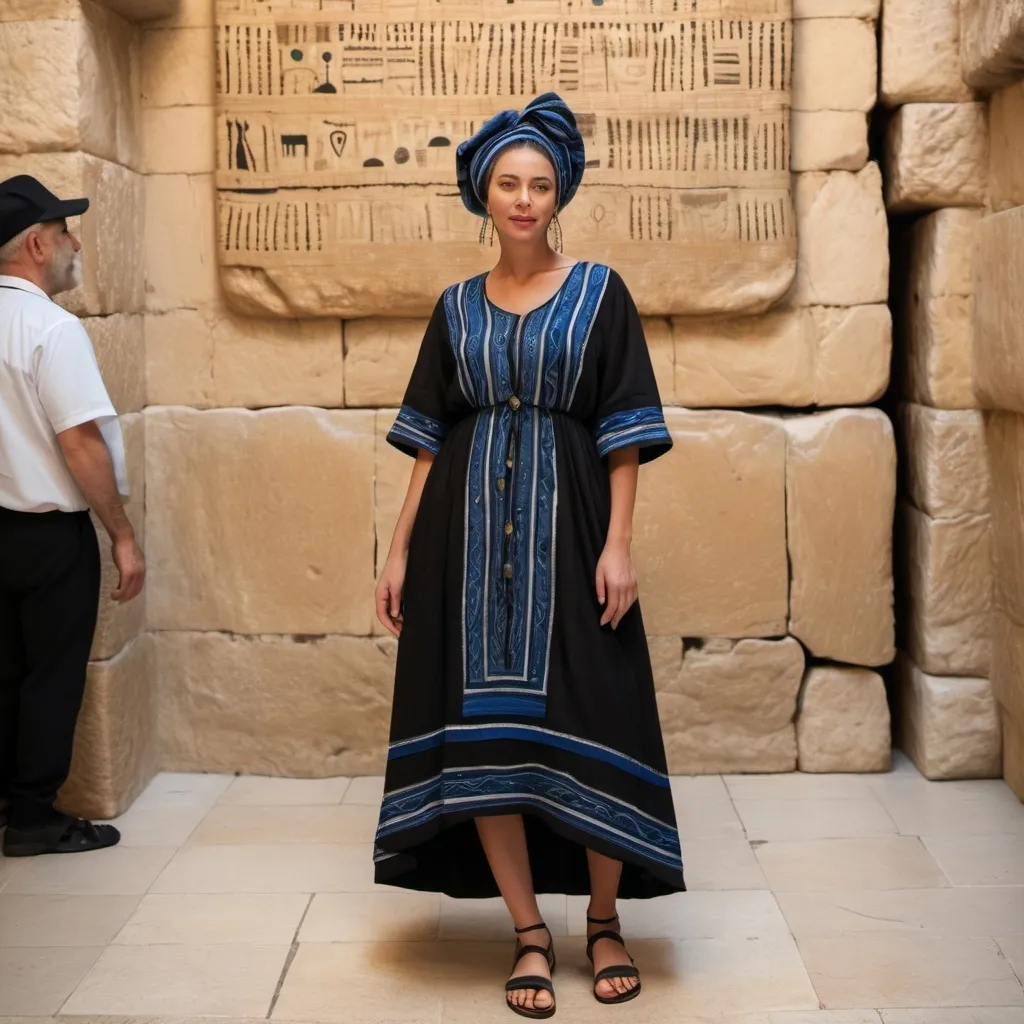 Prompt: elaborate embroided dark black modest dress with jewish symbols, torah ark covering, olive skin women with headwrap and dark hair. dress has blue jewish stripes and fringes, leather sandals, women is in jerusalem western wall vaults
