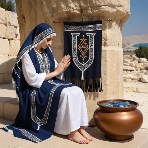 Prompt: hypnotic elaborate embroided dark blue modest fringed dusty spiritual shield fringes white dress with jewish symbols on jewish women, torah ark covering ,meditation, olive skin, elaborate, detailed, incense  embroided,  black jewish stripes and fringes and on women bandana fringes, big columns, brown leather ,  in Jerusalem and dead sea, detailed holy valves,, hebrew jewel crystals, fountain jewish symbols, ancient civilization,  shield jewish art, fringes, flowers, cultic, rituals, a papyrus scroll, dead sea view, mikve, fountain, visual illusions, spring pool, sunny day, illusion, hypnotic, gemstones, sculpture, biblical immersion pool, female warrior, low sofas, praying jews, pomegranate tree, ,next to the dead sea, landscape view,, in the style of a 19th century european realist painting
