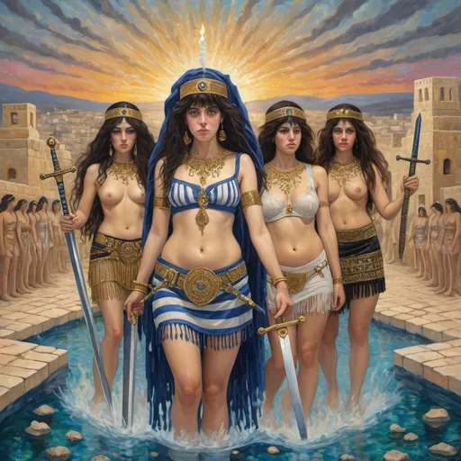 Prompt: elaborate lush gustav klimt jugend painting, embroided dark blue fringed spiritual modest jewelry fringes white with jewish symbols on brown skinned mizrahi modest jewish woman knight fighting war in striped blue and black fringed modest jewish armor shirt, magic swords in their hands, warrior women in bandana, leather sandals, menorah star of david swords, golden jewish swords, eyes torah ark covering, fringed striped modest skirt, smoke and steam coming from pottery ,3 women fighting war, jewish shield, jewish weapon, pulling sword from the earth, , black hair, elaborate israeli , floating ocean golden evil eyes, jewish, crystals growing, tropical plants and flowers, detailed, standing on in israeli hill, pink and green jewish sky, ancient soldiers, swimming, incense embroided, black jewish stripes clothing and fringes and on women fringes, big columns, in Jerusalem and dead sea, detailed holy valves,, hebrew 3 women fighting war and 1 on the ground kissing the earth fountain jewish symbols, ancient civilization, jewelry, menorah, jewish art, fringes, flowers, cultic, rituals, dead sea view, mikve, fountain, visual illusions, knives laying down, spring pool, sunset, menorah, illusion, knives on the ground, jewish stars, smoke, hypnotic, beauty, in the dead seagemstones, sculpture, biblical immersion pool, 3 women fighting war elaborate and 1 on the ground kissing the earth, female warrior, praying jews, war battle, swords in ground, mystery, next to the dead sea, landscape view,, in the style of a gustav klimt surealism painting, in the style of gustav klimt colorfull surealist painting
