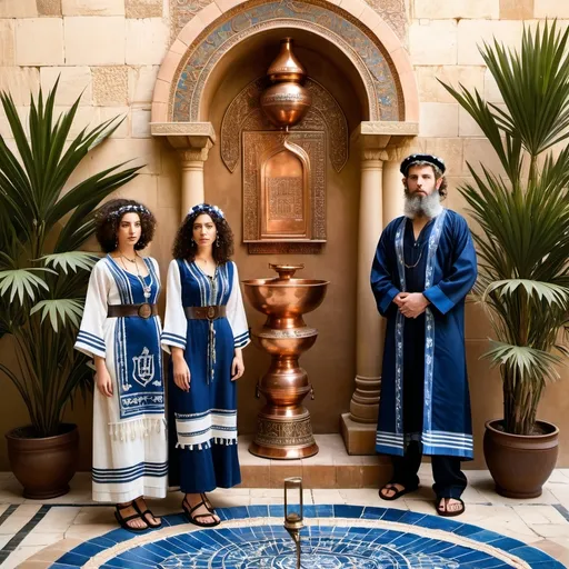 Prompt: elaborate embroided dark blue modest fringed dusty white dress with jewish symbols, torah ark covering, olive skin unhappy jewish couple with headwrap, kippa,  and dark curly hair, jewish sidelocks, clothes with blue jewish stripes and fringes and black leather bands, brown leather sandals, man and woman is in jerusalem detailed holy valves, copper menorah, jewel crystals, copper fountain jewish symbols, 4 smalll candlestick menorahs standing in a row next to two jews,  ancient civilization, 5 menorahs on the floor jewish art, fringes,palms trees, flowers, cultic, rituals, holding a papyrus scroll, mikve, two jews, fountain, spring pool, gemstones, biblical immersion pool, sofas, praying jews, bushes, date palm, blue flowers, in the style of a 19th century european realist painting 
