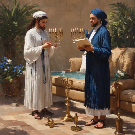 Prompt: elaborate embroided dark blue modest fringed dusty white dress with jewish symbols, torah ark covering, olive skin unhappy jewish couple with headwrap, kippa, and dark curly hair, jewish sidelocks, clothes with blue jewish stripes and fringes and black leather bands, brown leather sandals, man and woman is in jerusalem detailed holy valves, copper menorah, jewel crystals, copper fountain jewish symbols, 4 smalll candlestick menorahs standing in a row next to two jews, ancient civilization, 5 menorahs on the floor jewish art, fringes,palms trees, flowers, cultic, rituals, holding a papyrus scroll, mikve, two jews, fountain, spring pool, gemstones, biblical immersion pool, sofas, praying jews, bushes, date palm, blue flowers, in the style of a 19th century european realist painting
