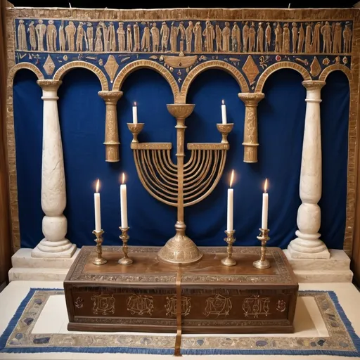 Prompt: elaborate embroided dark blue modest fringed dusty fringes white dress with jewish symbols on jewish women, torah ark covering, olive skin, elaborate, detailed, fruits  embroided,  blue jewish stripes and fringes and  on women, big columns, brown leather ,  in Jerusalem and dead sea, detailed holy valves, copper menorah, hebrew jewel crystals, copper fountain jewish symbols, ancient civilization, 5 menorahs on the floor jewish art, fringes, fig tree, flowers, cultic, rituals, a papyrus scroll, dead sea view, mikve, fountain, spring pool, sunny day, gemstones, biblical immersion pool, female warrior, sofas, praying jews, pomegranate tree, ,next to the dead sea, landscape view,, in the style of a 19th century european realist painting
