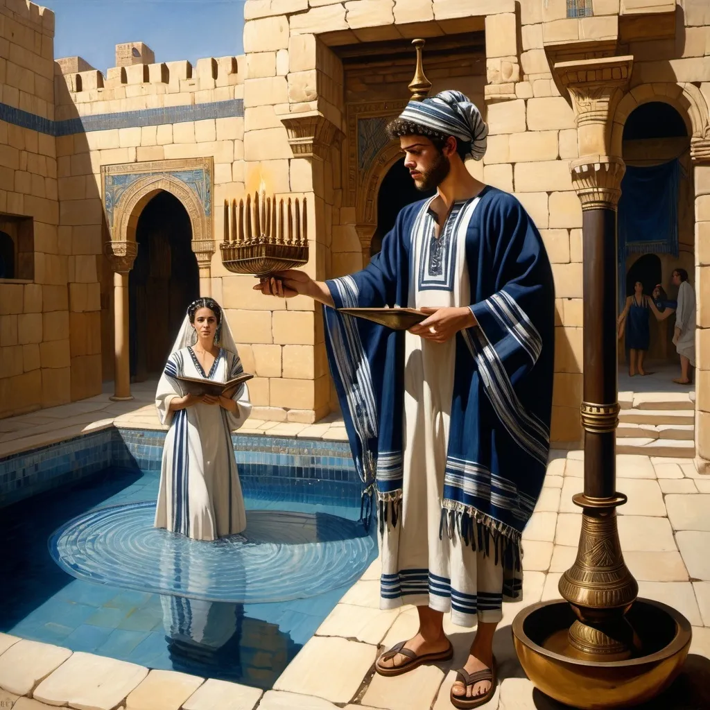 Prompt: elaborate embroided dark blue modest fringed dusty white dress with jewish symbols, torah ark covering, olive skin unhappy jewish couple with headwrap, kippa, and dark curly hair, jewish sidelocks, clothes with blue jewish stripes and fringes and black leather bands, brown leather sandals, man and woman is in jerusalem detailed holy valves dark wood gold fountain jewish symbols menorah, ancient civilization, jewish art, fringes, holding 7 armed candle menorah in left hand and bronze knife in right hand, cultic, rituals, holding a papyrus scroll, mikve, fountain, spring pool, gemstones, biblical immersion pool, baptism in pool, in the style of a 19th century european realist painting