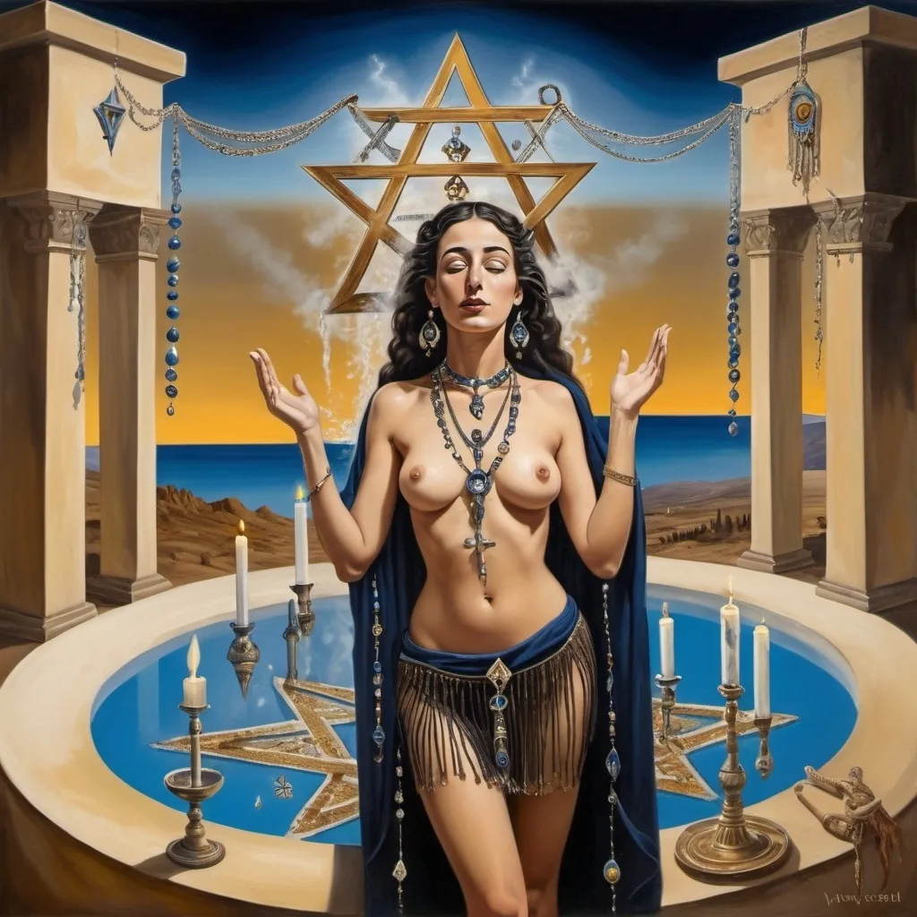 Prompt: elaborate salvador dali painting, embroided dark blue fringed spiritual jewelry fringes white with jewish symbols on brown skinned mizrahi jewish woman flying, magic fringes bandana, sunset, leather sandals, golden foot link, eyes torah ark covering, fringed striped skirt, smoke and steam coming from pottery ,alchemist, , elaborate, eyes, jewish, women floating in space, crystals growing, detailed, standing on in jerusalem hill, incense embroided, black jewish stripes and fringes and on women fringes, in Jerusalem and dead sea, detailed holy valves, hebrew crystals, fountain jewish symbols, black hair olive skin, ancient civilization, jewelry, levitating, menorah, jewish art, fringes, flowers, cultic, rituals, dead sea view, mikve, fountain, visual illusions, spring pool, sunset, menorah, illusion, jewish stars, smoke, hypnotic, gemstones, sculpture, biblical immersion pool, clouds, crystals, female warrior, praying jews, pomegranate tree, mystery, next to the dead sea, landscape view,, in the style of a Dali painting, in the style of Dali painting
