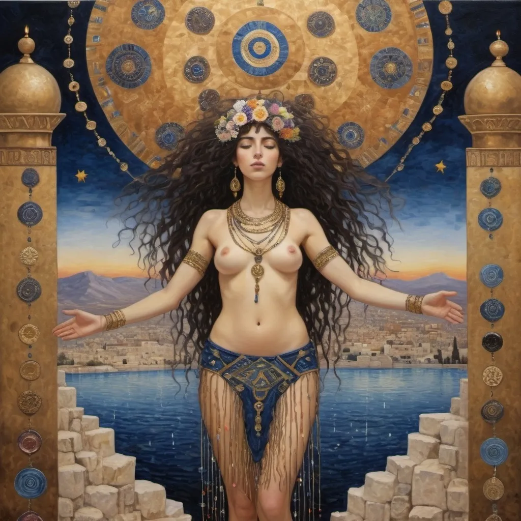 Prompt: elaborate abstract gustav klimt jugend painting, embroided dark blue fringed spiritual jewelry fringes white with jewish symbols on brown skinned mizrahi jewish woman flying, magic fringes bandana, sunset, leather sandals, golden foot link, eyes torah ark covering, fringed striped skirt, smoke and steam coming from pottery ,alchemist, , elaborate, eyes, jewish, women floating in space, crystals growing, detailed, standing on in jerusalem hill, incense embroided, black jewish stripes and fringes and on women fringes, in Jerusalem and dead sea, detailed holy valves, hebrew crystals, fountain jewish symbols, black hair olive skin, ancient civilization, jewelry, levitating, menorah, jewish art, fringes, flowers, cultic, rituals, dead sea view, mikve, fountain, visual illusions, spring pool, sunset, menorah, illusion, jewish stars, smoke, hypnotic, gemstones, sculpture, biblical immersion pool, clouds, crystals, female warrior, praying jews, pomegranate tree, mystery, next to the dead sea, landscape view,, in the style of a gustav klimt painting, in the style of gustav klimt vienna secession painting
