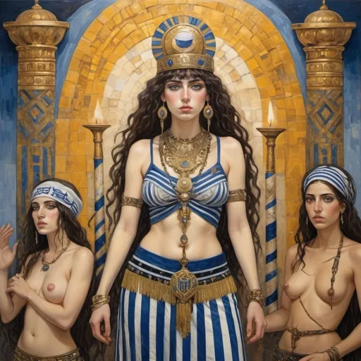 Prompt: elaborate abstract gustav klimt jugend painting, embroided dark blue fringed spiritual jewelry fringes white with jewish symbols on brown skinned mizrahi jewish woman fighting war in striped blue and white fringed modest jewishdresses, magic swords in their hands, warrior women in bandana, leather sandals, menorah star of david swords, golden jewish swords, eyes torah ark covering, fringed striped skirt, smoke and steam coming from pottery ,3 women fighting war and 1 on the ground kissing the earth, , elaborate israeli , eyes, jewish, crystals growing, detailed, standing on in jerusalem hill, yellow and green jewish sky, ancient soldiers, incense embroided, black jewish stripes clothing and fringes and on women fringes, big columns, in Jerusalem and dead sea, detailed holy valves,, hebrew 3 women fighting war and 1 on the ground kissing the earth fountain jewish symbols, ancient civilization, jewelry, menorah, jewish art, fringes, flowers, cultic, rituals, dead sea view, mikve, fountain, visual illusions, knives laying down, spring pool, sunset, menorah, illusion, knives on the ground, jewish stars, smoke, hypnotic, beauty, gemstones, sculpture, biblical immersion pool, 3 women fighting war elaborate and 1 on the ground kissing the earth, female warrior, praying jews, war battle, swords in ground, mystery, next to the dead sea, landscape view,, in the style of a gustav klimt surealism painting, in the style of gustav klimt vienna surealist painting 
