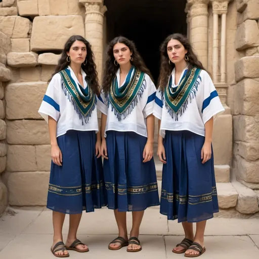 Prompt: 3 olive skin jewish women in trendy casual elaborate embroided modest shirt with dark blue jewish symbols white fringes, fringes, torah ark covering, the 3 olive skin women have blue bandanas, skirt has jewish stripes prayer shawl and fringes, gold jewelry, nose piercings, standing on a biblcial ruin, leather sandals, fringes tzitzit, brown, green, gold, elaborate, beige, scarf, bandanas, black hair, bandana, scarf, bandana
