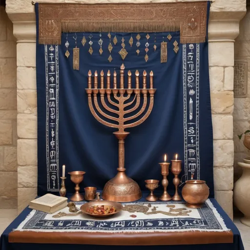 Prompt: elaborate embroided dark blue modest fringed dusty fringes white dress with jewish symbols on jewish women, torah ark covering ,on table, olive skin, elaborate, detailed, scrolls on table  embroided,  black jewish stripes and fringes and on women bandana fringes, big columns, brown leather ,  in Jerusalem and dead sea, detailed holy valves, mural, copper menorah, hebrew jewel crystals, copper fountain jewish symbols, ancient civilization, 5 menorahs on the floor jewish art, fringes, flowers, cultic, rituals, a papyrus scroll, dead sea view, mikve, fountain, spring pool, sunny day, gemstones, biblical immersion pool, female warrior, sofas, praying jews, pomegranate tree, ,next to the dead sea, landscape view,, in the style of a 19th century european realist painting
