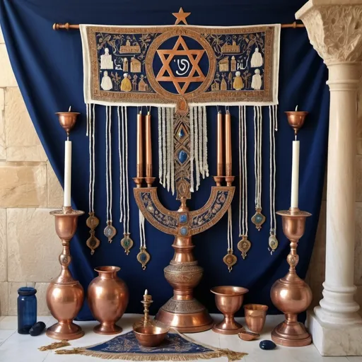 Prompt: elaborate embroided dark blue modest fringed dusty fringes white dress with jewish symbols on jewish women, torah ark covering ,on table, olive skin, elaborate, detailed, incense on table  embroided,  black jewish stripes and fringes and on women bandana fringes, big columns, brown leather ,  in Jerusalem and dead sea, detailed holy valves, mural, copper menorah, hebrew jewel crystals, copper fountain jewish symbols, ancient civilization, 5 menorahs on the floor jewish art, fringes, flowers, cultic, rituals, a papyrus scroll, dead sea view, mikve, fountain, spring pool, sunny day, gemstones, biblical immersion pool, female warrior, sofas, praying jews, pomegranate tree, ,next to the dead sea, landscape view,, in the style of a 19th century european realist painting
