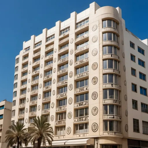 Prompt: white and sandstone art deco glass highrise with jewish symbols and hebrew symbols on its sides in tel aviv, art deco, detailed, hd, baloconies
