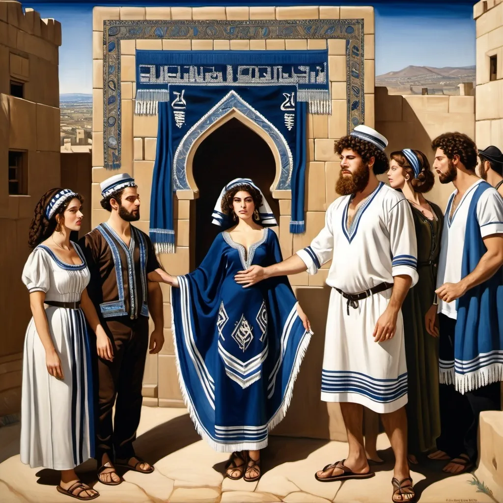 Prompt: elaborate embroided dark blue modest fringed dusty white dress with jewish symbols, torah ark covering, olive skin unhappy jewish couple with headwrap, kippa, and dark curly hair, jewish sidelocks, clothes with blue jewish stripes and fringes and black leather bands, brown leather sandals, man and woman is in Tiberias, detailed art jewish symbols menorah arch gate, ancient civilization, jewish art, fringes, cultic, rituals, holding a papyrus scroll,, gemstones, biblical cermony, pool on a hilltop, in the style of a 19th century european realist painting
