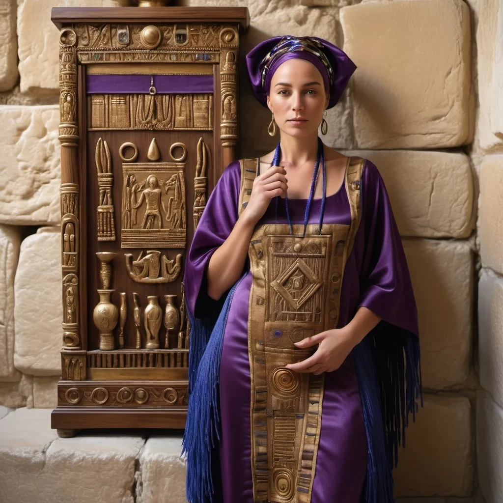 Prompt: elaborate embroided dark purple modest fringed priestess with jewish symbols, torah ark covering, olive skin women with headwrap and dark hair, clothes with blue jewish stripes and fringes, leather sandals, women is in jerusalem western wall holy valves dark wood gold,  ancient civilization, art, fringes, holding menorah in hands
