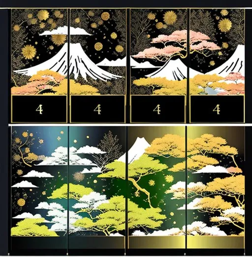 Prompt: Foil print in Japanese aesthetic, 4 panels, showing the seasons. Put emphasis on detailed skies and with metallic leaves and trees. Include one panel which has a black background. 
