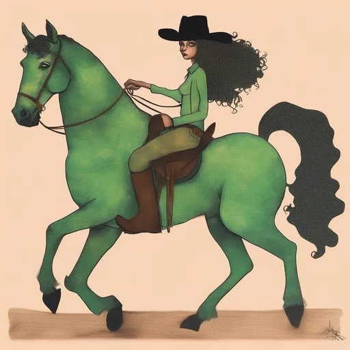 Prompt: Icono con cowgirl de pelo rizado, y moreno oscuro, ojos verdes, con pecas y un sombrero de cowboy, montada en un caballo marron oscuro con ojos oscuros, las 4 patas negras hasta las rodillas. Tiene tambien blancas hasta un palmo por debajo de las rodillas todas las patas hasta las rodillas, menos la pata izquierda delantera. en la cara en caballo tiene una mancha ancha blanca de arriba abajo en centro. el flequillo, la crin y cola son negras. Imagen de cuerpo entero. Estilo de dibujo estilizado pero no dramatico no cartoon