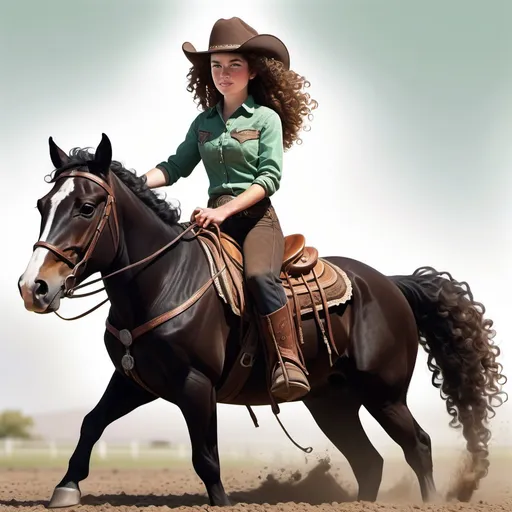 Prompt: Icono con cowgirl de pelo rizado, y moreno oscuro, ojos verdes, con pecas y un sombrero de cowboy, montada en un caballo marron oscuro con ojos oscuros, las 4 patas negras hasta las rodillas. Tiene tambien blancas hasta un palmo por debajo de las rodillas todas las patas hasta las rodillas, menos la pata izquierda delantera. en la cara en caballo tiene una mancha ancha blanca de arriba abajo en centro. el flequillo, la crin y cola son negras. Imagen de cuerpo entero. Estilo de dibujo estilizado pero no demasiado muy poco cartoon