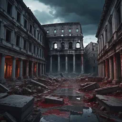 Prompt: The fall of rome gruesome zombies
