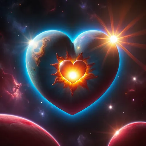 Prompt: Outerspace background. Heart in foreground with a sun inside of the heart