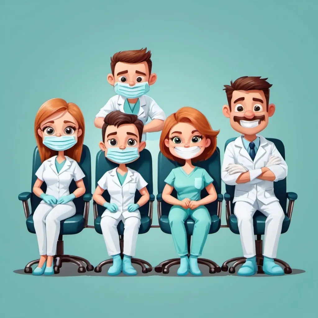 Prompt:  Cartoon characters in the form of dentists sitting on a chair