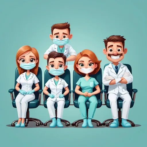 Prompt:  Cartoon characters in the form of dentists sitting on a chair