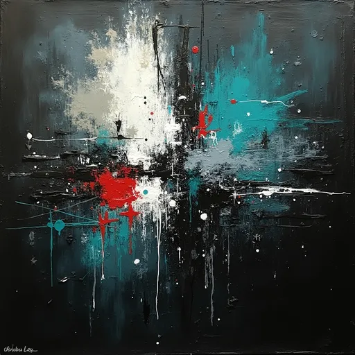 Prompt: abstract painting combining the styles of Umberto Boccioni and Jackson pollock with a black background, with the colors teal, white, grey and red
