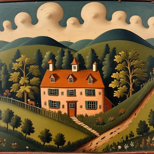 Prompt: Naive folk art 18th century, house, hills, trees