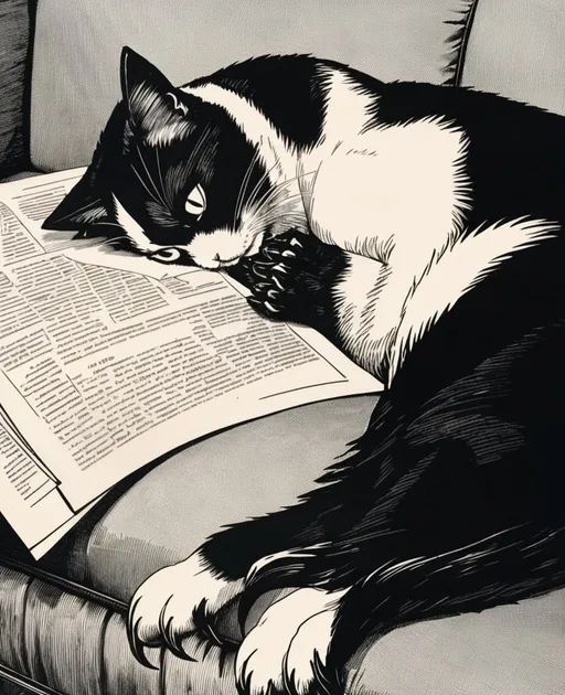 Prompt: a black and white cat laying on a couch with its eyes open and tongue out, with its head on the arm of the couch, Felix Octavius Carr Darley, renaissance, sharp claws, a photocopy