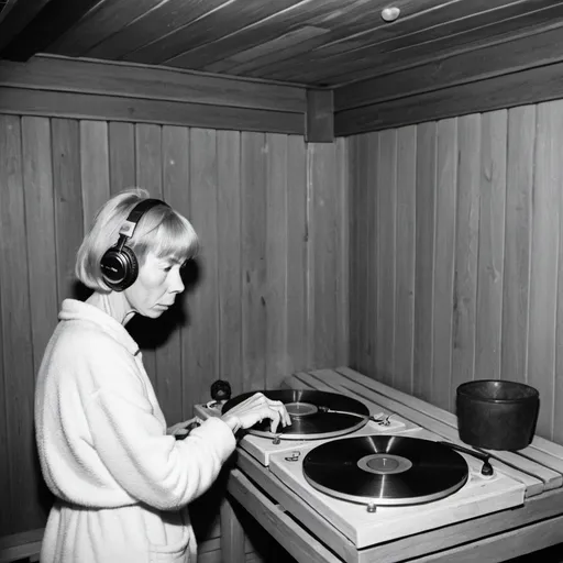 Prompt: Author Tove Jansson dj-ing in a  sauna. 