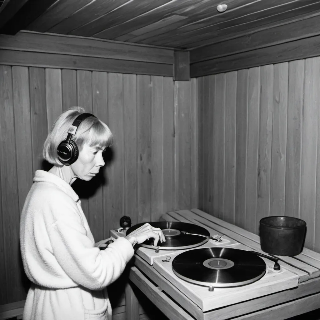 Prompt: Author Tove Jansson dj-ing in a  sauna. 