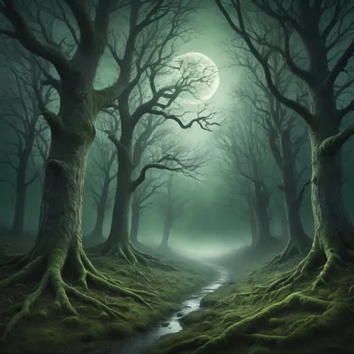 Prompt: Evocative eery forest with crooked trees, moonlit sky, green tones, misty atmosphere, realistic photographic