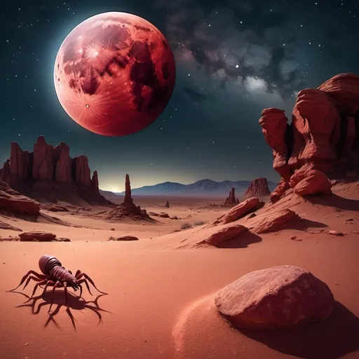 Prompt: (photorealistic), (high quality), evocative desolate desert, reddish rock formations, small blood moon, small scorpion in foreground, starry night, distant milky way, crimson tones, soft shadows, chilling yet captivating ambiance, ultra-detailed textures, capturing the essence of mystery and solitude, forming a surreal yet enchanting scene