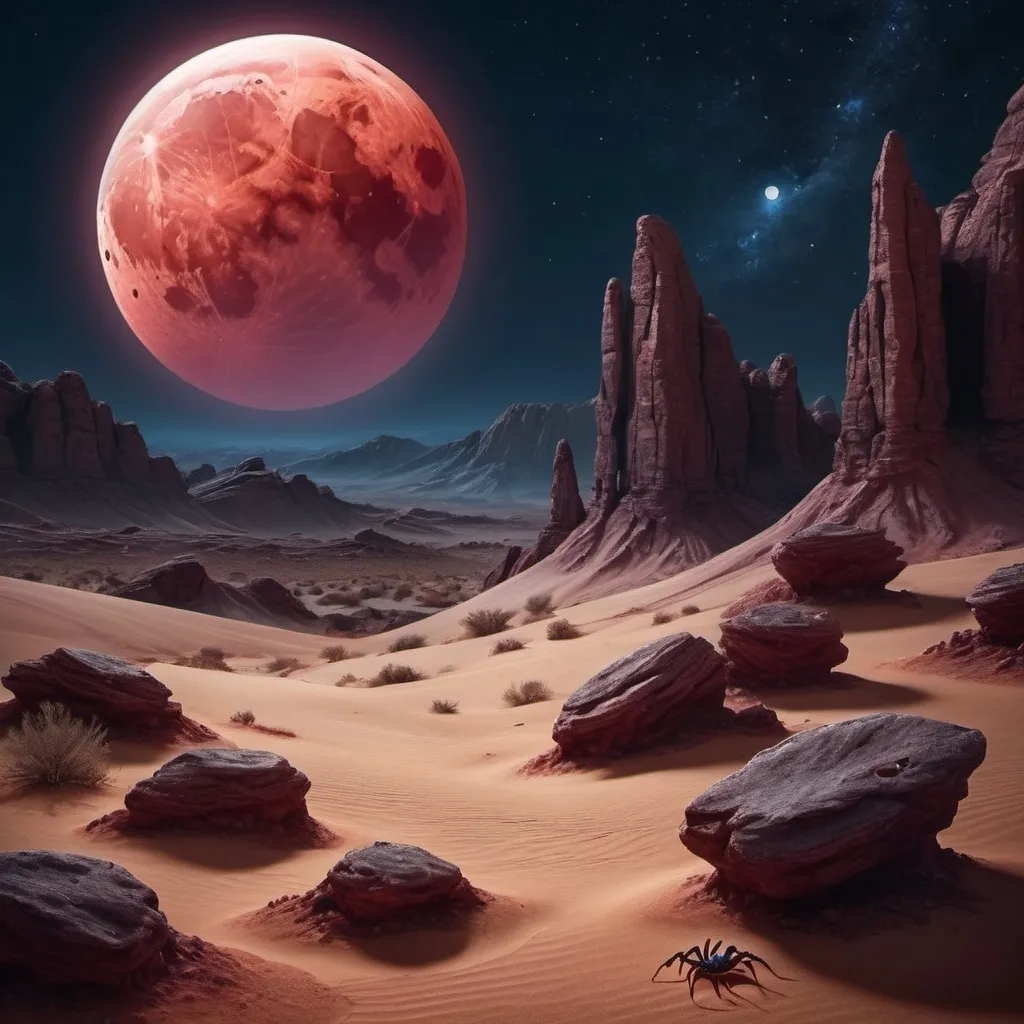 Prompt: (photorealistic), (high quality), evocative desolate desert, rock formations, blood moon, small scorpion in foreground, starry night, crimson tones, soft shadows, chilling yet captivating ambiance, ultra-detailed textures, capturing the essence of mystery and solitude, forming a surreal yet enchanting scene