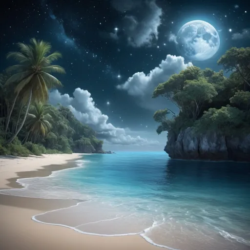 Prompt: (photorealistic), (high quality), evocative atol on the ocean, sandy beaches, lush jungle, starry night with cosmic grandeur, light low-hanging clouds, blue tones, soft shadows, chilling yet captivating ambiance, ultra-detailed textures, capturing the essence of mystery and solitude, forming a surreal yet enchanting scene