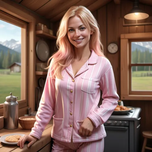 Prompt: (photorealistic) (atmospheric lighting) Pretty French woman, 35 years old, cute pink blonde hair, long hair, at a cabin, wearing farm style pajamas, pointy nose,, petite showing full body from the side, smiling, really cute