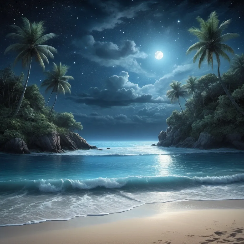 Prompt: (photorealistic), (high quality), evocative atol on the ocean distant view, sandy beaches, lush jungle, starry night with cosmic grandeur, light low-hanging clouds, blue tones, soft shadows, chilling yet captivating ambiance, ultra-detailed textures, capturing the essence of mystery and solitude, forming a surreal yet enchanting scene