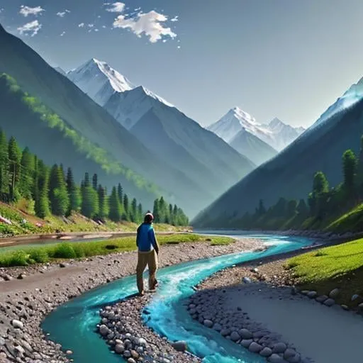 Prompt: Man walking on road between scenic Kulu Manali mountains, river flowing, realistic digital painting, vibrant colors, serene atmosphere, detailed nature, high quality, realistic style, natural lighting, scenic landscape, tranquil river, mountainous terrain, peaceful vibes