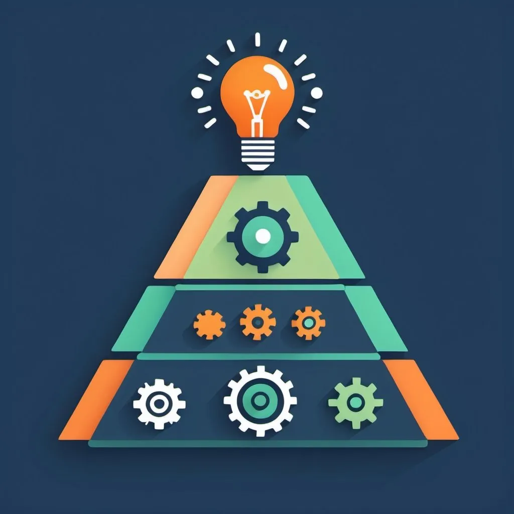 Prompt: 2d cartoon style icon of a pyramid with levels, a small light bulb at the top, intelligence in the middle and machine cogs at the bottom, using navy blue, soft green and soft orange