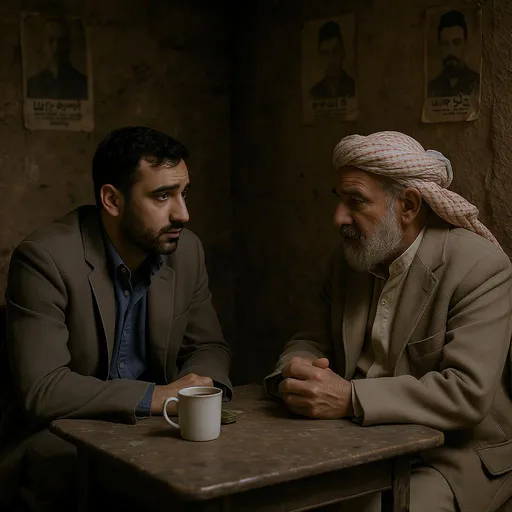 Prompt: In a dimly lit, rustic setting, two men engage in a serious conversation at a small, worn table adorned with two white mugs, hinting at a recent discussion over coffee. The man on the left, dressed in a gray jacket and blue shirt, leans in attentively, his expression one of concern, while the man on the right, clad in a beige coat and traditional headdress, appears contemplative, subtly gripping an object in his hands. The backdrop features faded posters of figures, suggesting a deeper cultural or historical context, while the weathered stone walls evoke a sense of time and place, adding to the atmosphere of intimacy and significance in their exchange. The muted color palette, dominated by earth tones and shadows, enhances the serious mood of the moment, emphasizing the weight of their dialogue.