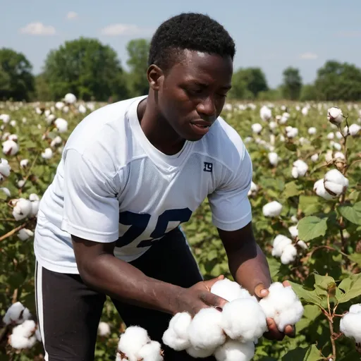 Prompt: A blackbman picking cotton wearing football gear
